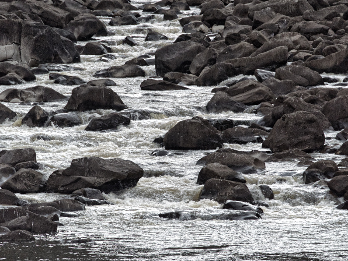 North Esk River Rockery on a cold grey day